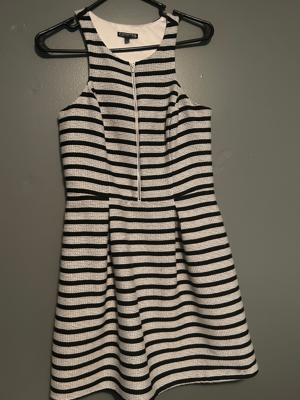 Express Black and White Striped Ponte Dress with Front Zip